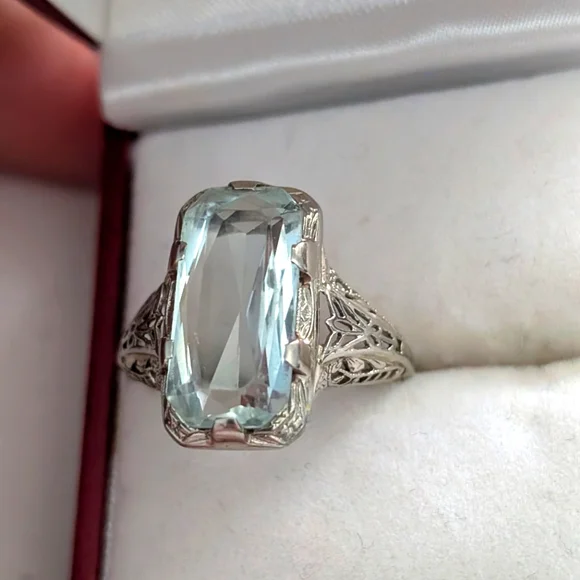 Art deco Filigree 14k White‎ Gold  Ring with Aquamarine - Picture 2 of 10
